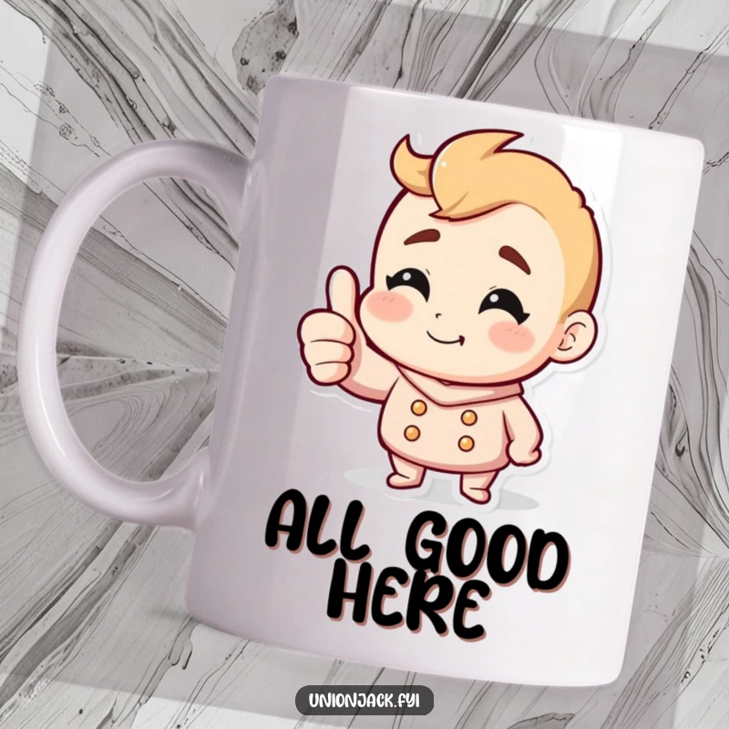 Funny mug showing a character giving a cheerful thumbs up with a mischievous, cheeky grin, radiating pure positivity.