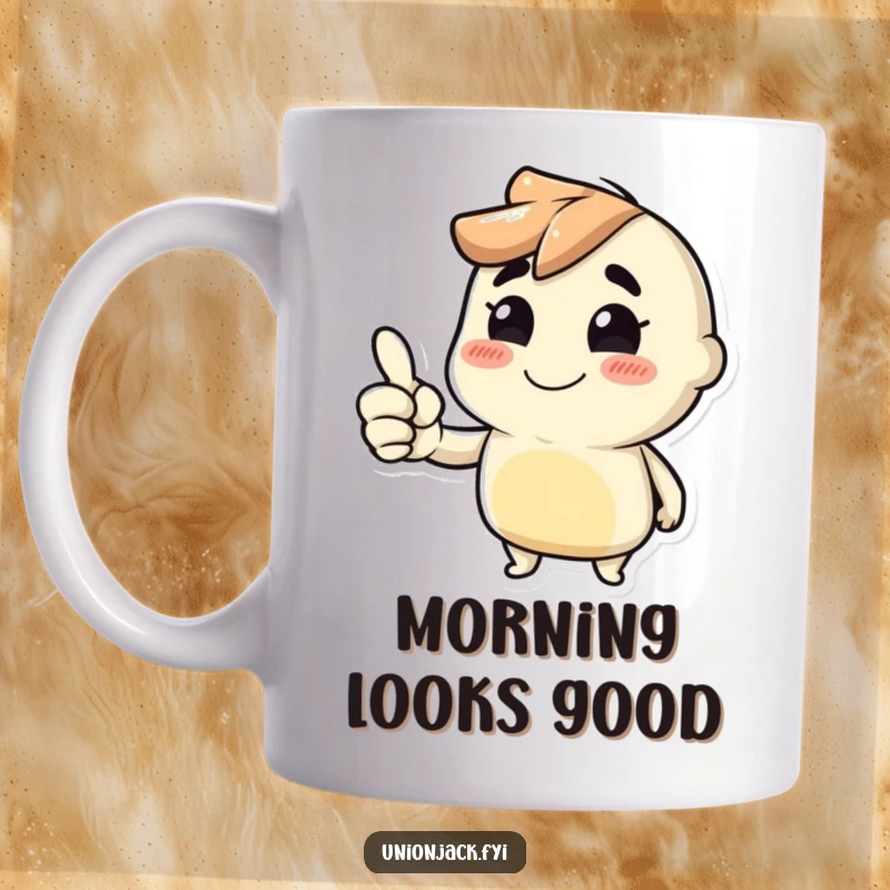 Funny mug with a character sporting a cheeky grin and giving a clear thumbs up, symbolizing approval.