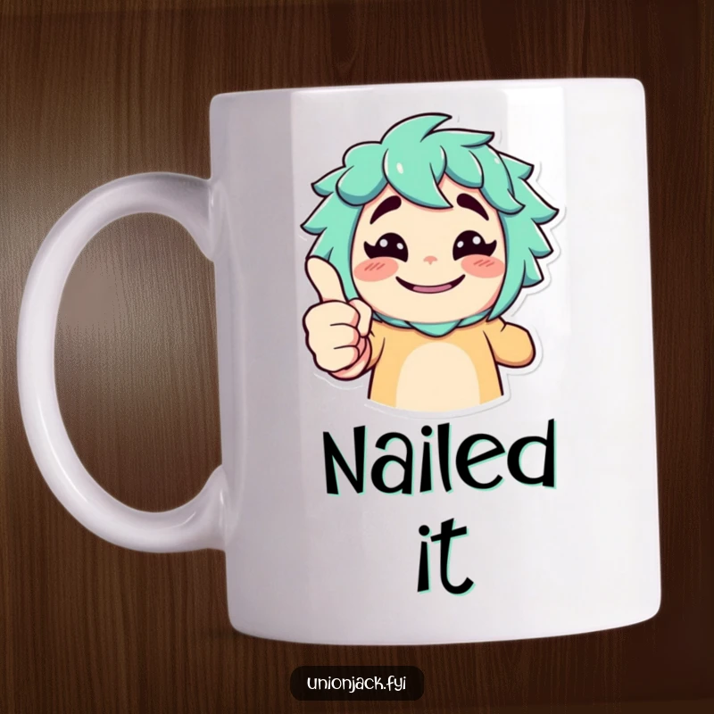 Funny mug with a character giving an exaggerated thumbs up and a cheeky grin, showing approval and humor.