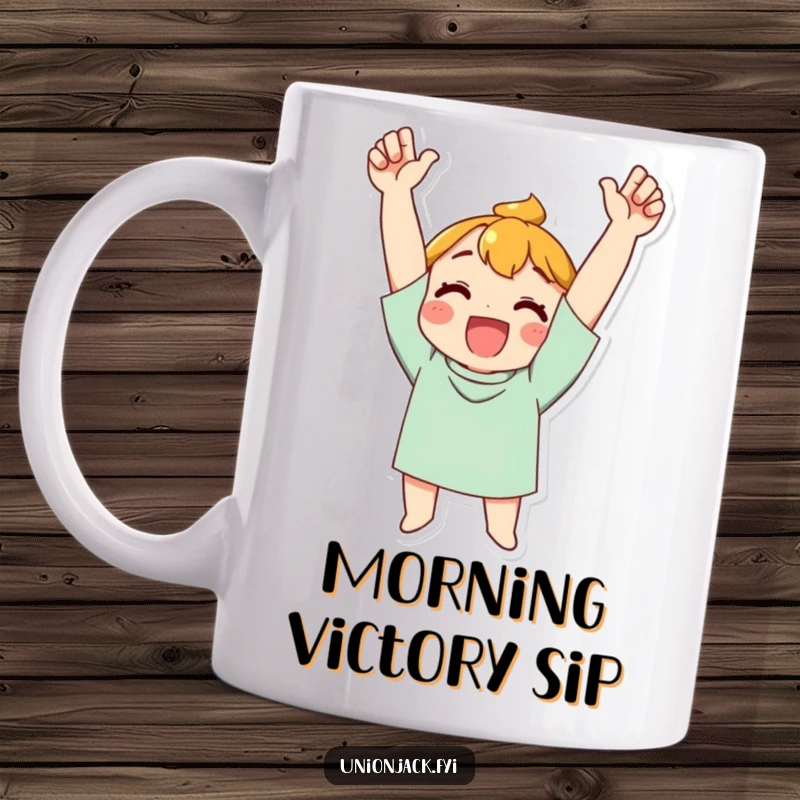 Funny Mug: Character cheering with arms raised in triumph, expressing pure joy and the excitement of success.