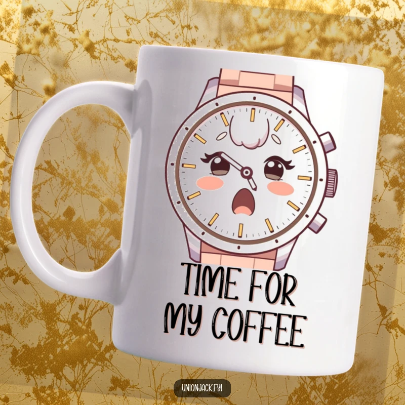 Funny mug with a surprised character, raised eyebrows, looking with admiration at a large watch face, celebrating time with humor.