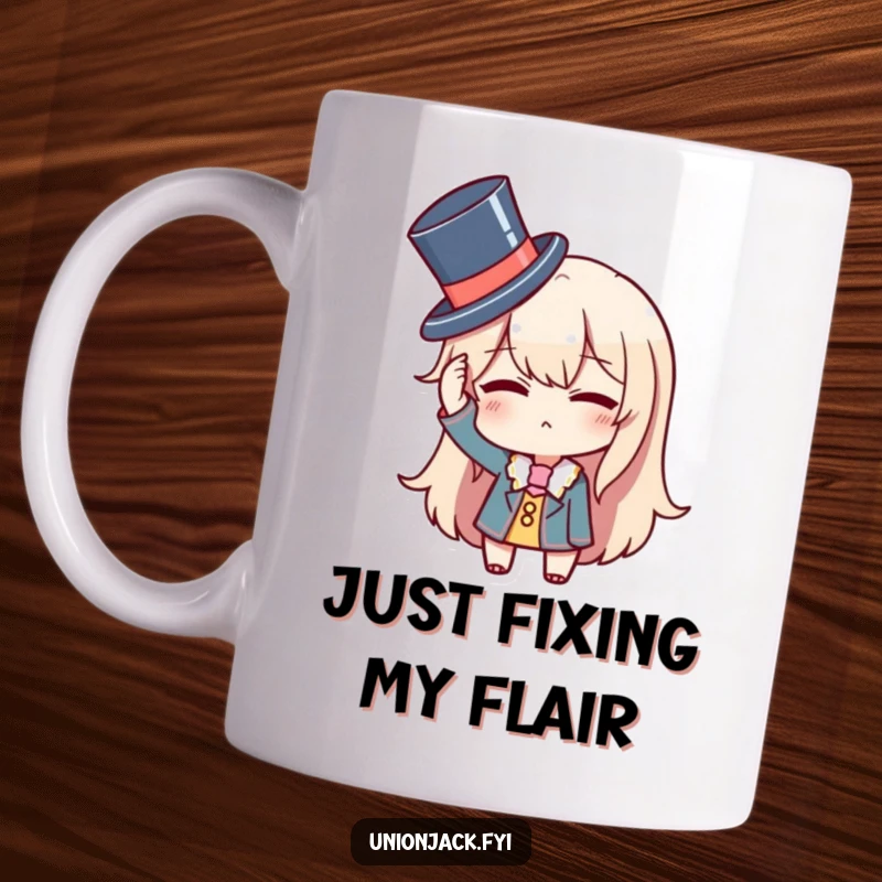 Funny mug showing a character comically adjusting a tiny top hat and giving a sly wink, exuding charm and humor.