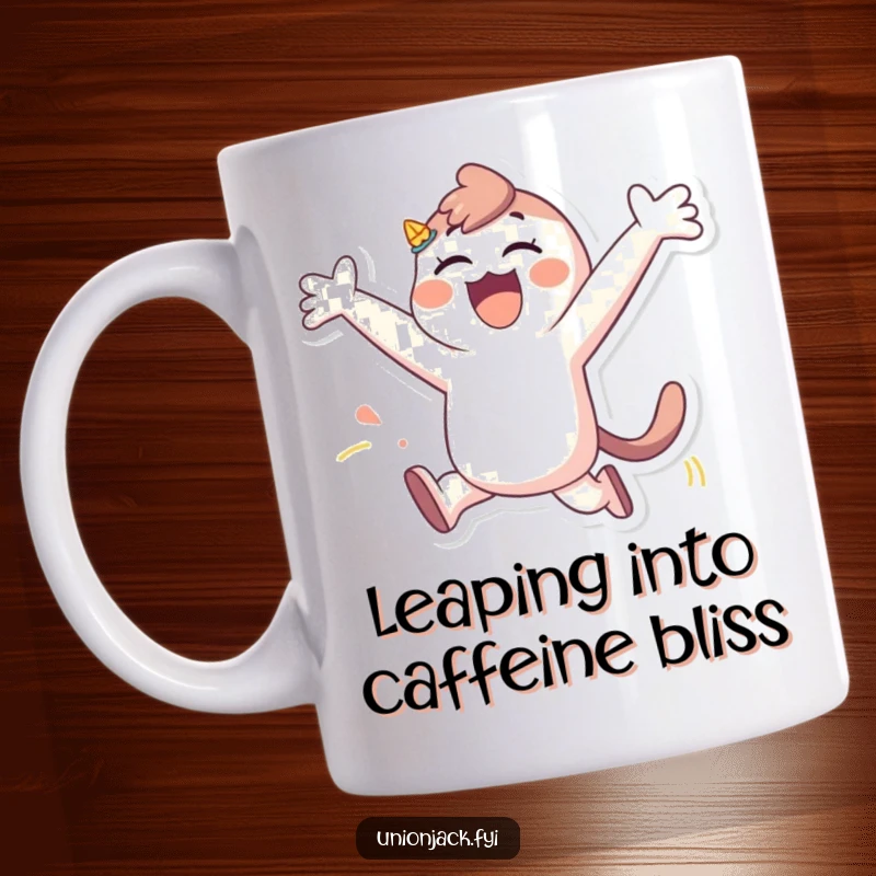 Funny mug with a character mid-playful leap, arms spread wide in ecstatic freedom, bringing infectious happiness.