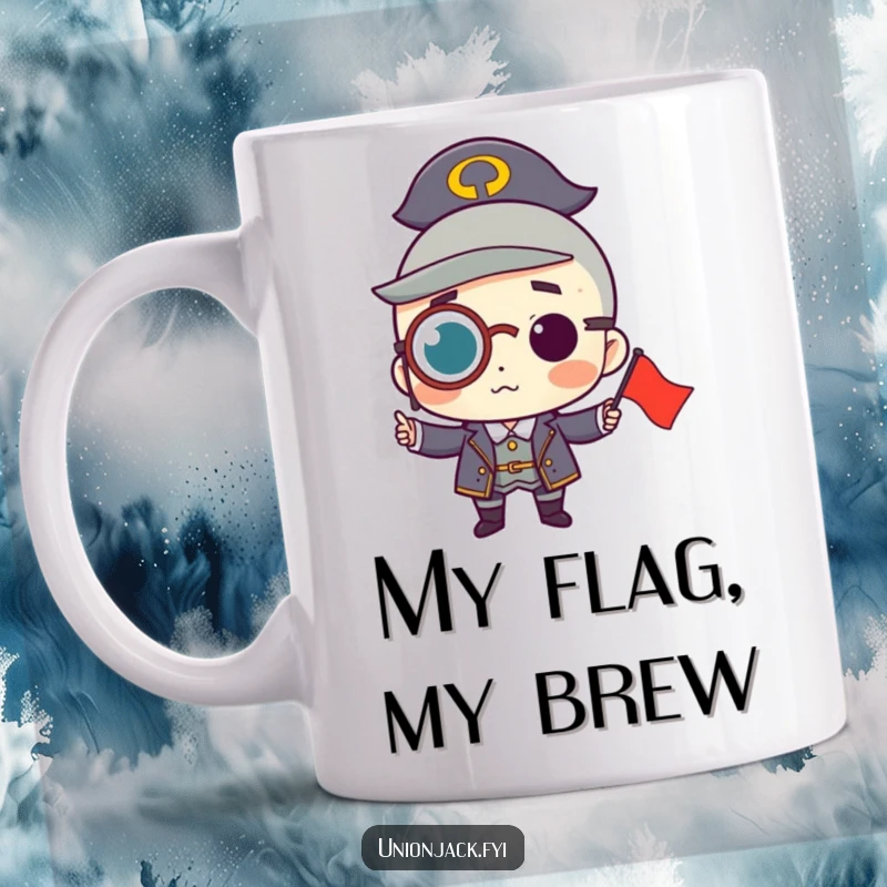 Funny mug featuring a character wearing a monocle, proudly holding a small flag, exuding sophistication and a touch of playful patriotism.