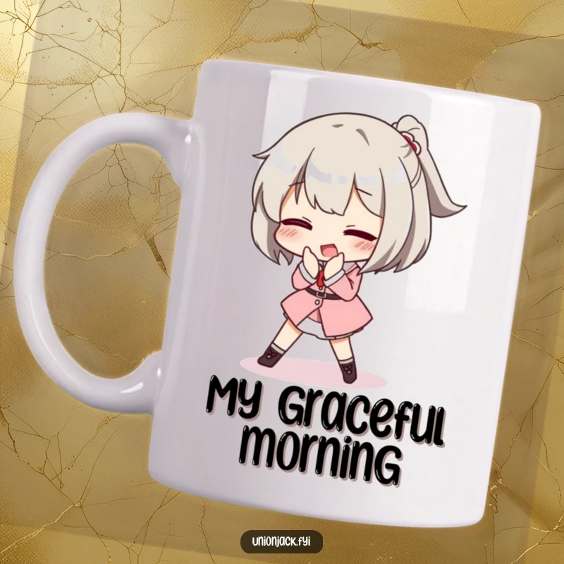 Funny mug depicting a character comically tripping while attempting a posh curtsey, capturing elegant failure and good-natured humor.