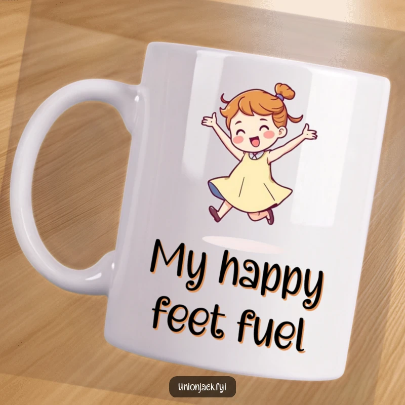Funny coffee mug featuring a character with a jaunty, energetic stride, dancing joyfully. This mug is perfect for anyone who loves to move and has a vibrant spirit.