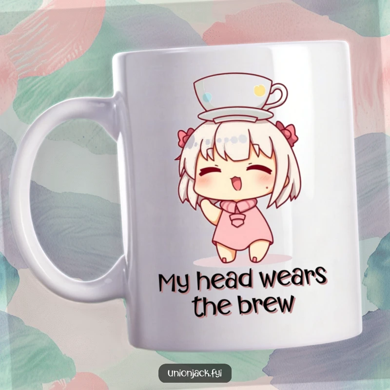 Funny mug of a charming character winking playfully while expertly balancing a delicate teacup on their head, expressing quirky confidence.