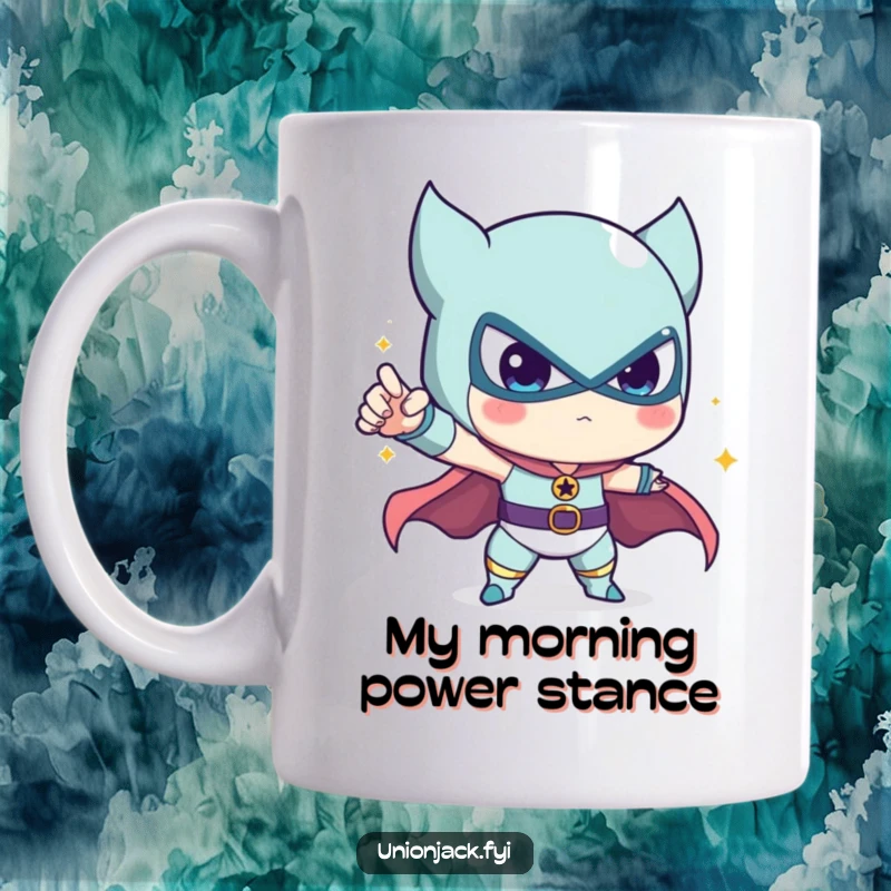 Funny mug featuring a cute character in an exaggerated, heroic pose, ready to save the day with a smile.