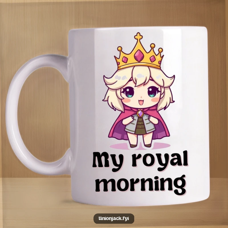 Funny mug depicting a character adorned with a crown and cape, exuding a humorous sense of regal dignity.