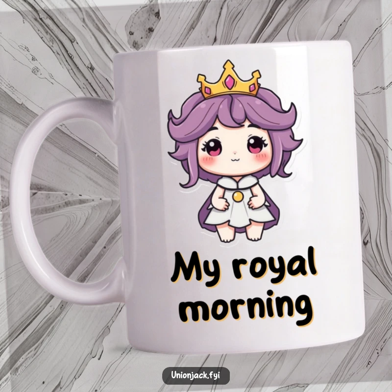 Funny mug depicting a character wearing a tiny crown with a regal air, exuding sophistication and humorous charm.