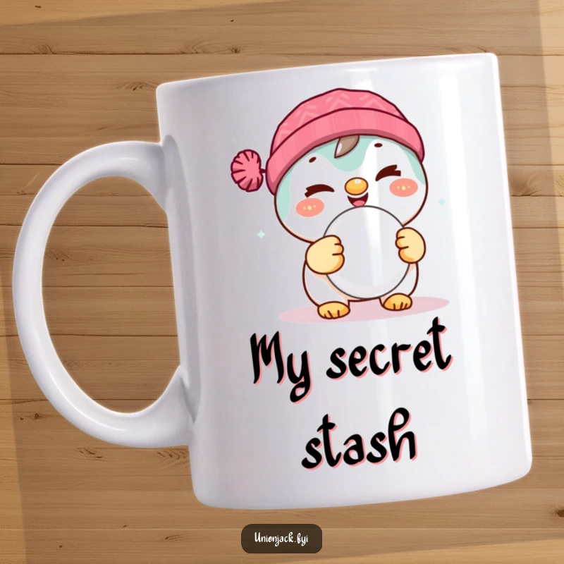 Funny mug featuring a delighted character winking mischievously while holding a freshly baked scone, celebrating baked goods.