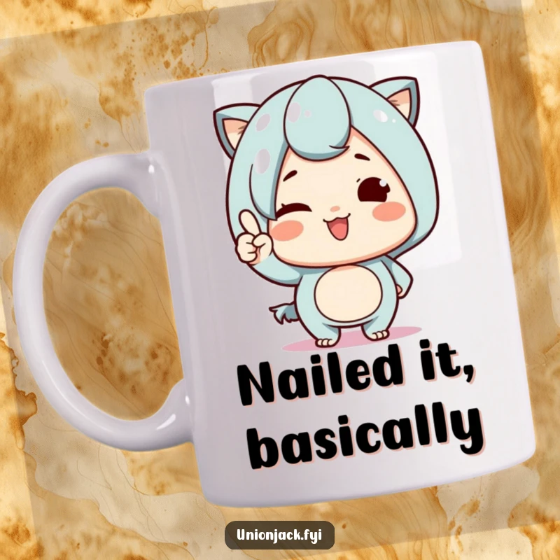 Funny Mug: Cute character with a proud, knowing wink and a subtle nod, exuding confidence and charm, perfect for a coffee lover.