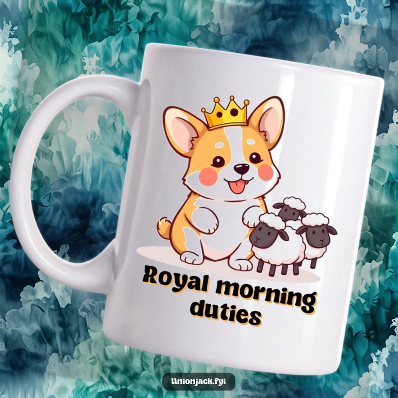 Funny mug featuring a playful corgi in a tiny crown, comically attempting to herd sheep with enthusiasm.
