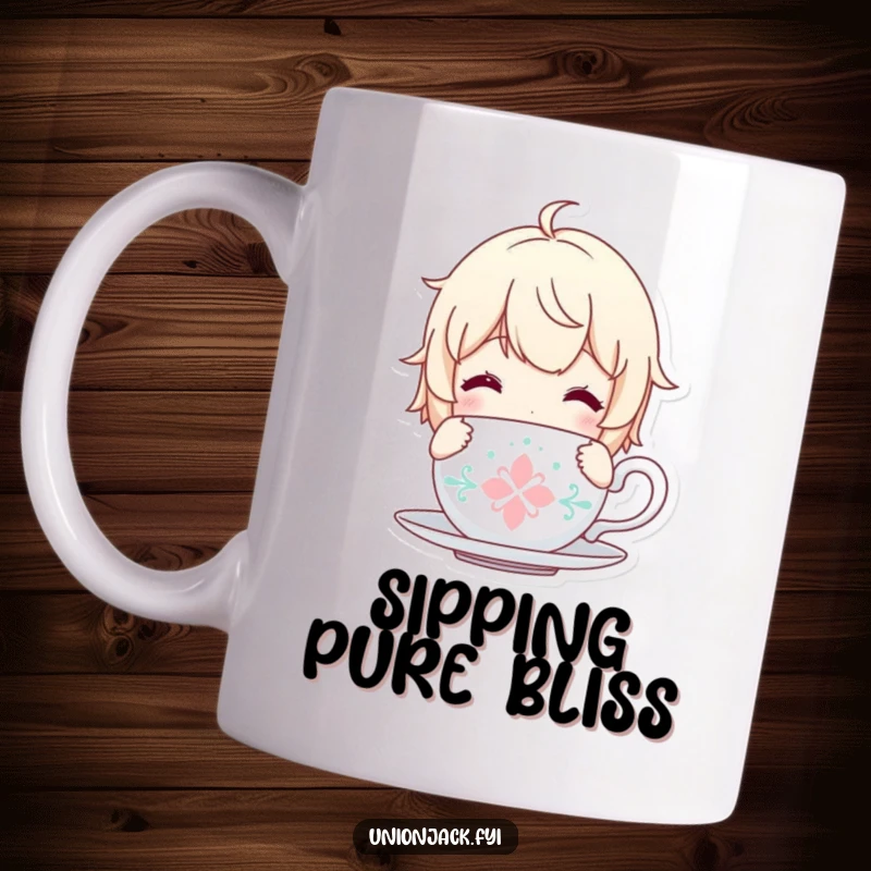 Funny mug with a character holding a tea cup, looking blissfully content and relaxed.