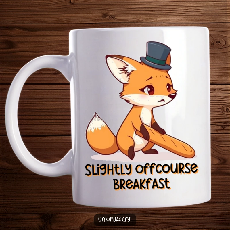 Funny mug featuring a startled fox in a tiny top hat, comically tripping over a baguette, in a Parisian setting.