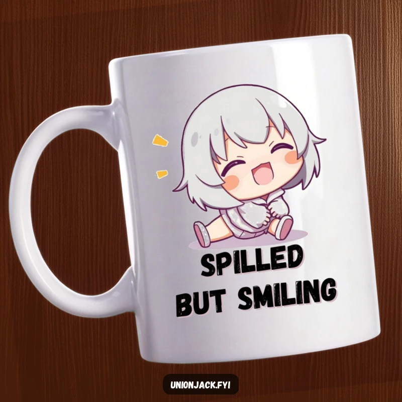 Funny mug with a character comically tripping but recovering with a wide, goofy grin, showing resilience.