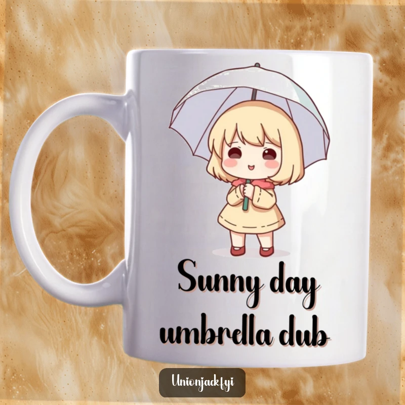 Funny mug featuring a cute character happily holding a small umbrella open, even though it isn't raining.