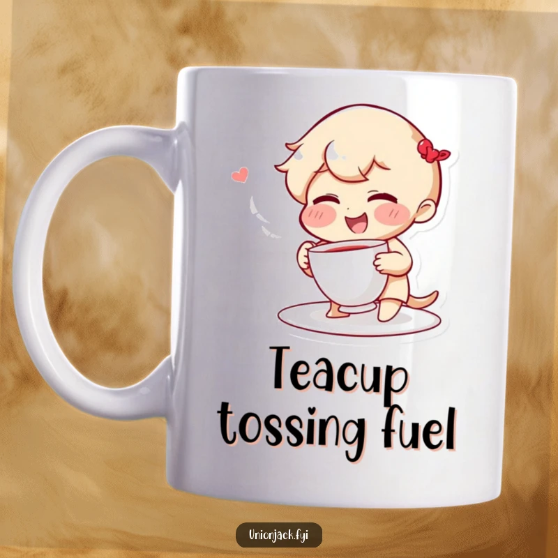 Funny mug with a giggling character, rosy cheeks, playfully tossing a teacup, perfect for a humorous start to the day.