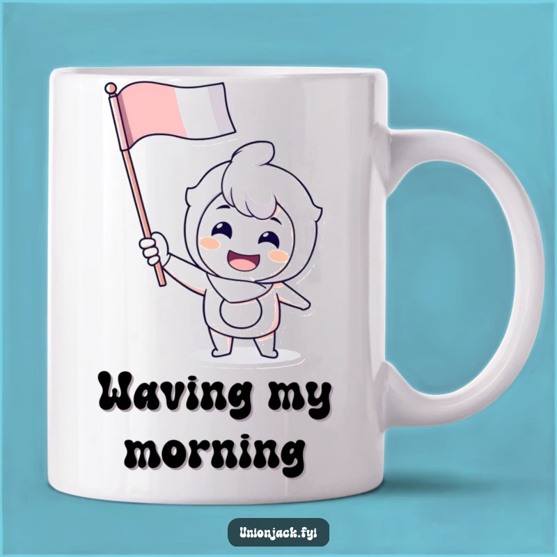 Funny Waving Flag Character Mug: Cheerful Grin Gift for Enthusiasts
