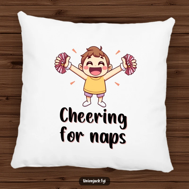 Funny pillow featuring a jovial character cheering with arms outstretched and pom-poms, adding a pop of fun.