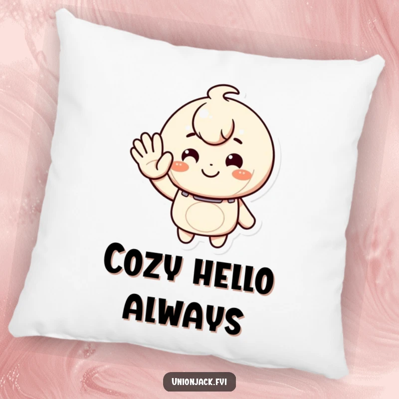 Funny pillow with a character giving a warm, inviting wave and a smile, offering comfort and a vibe of cheerful, friendly connection.