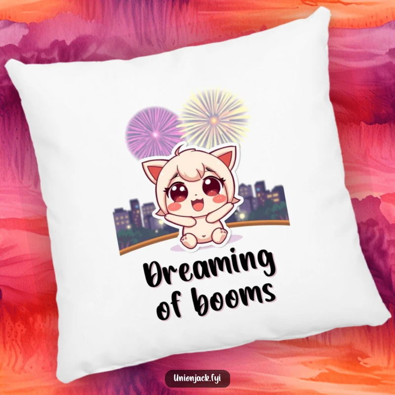 Funny pillow showing a cute character with wide, excited eyes watching a fireworks display, offering comfort.