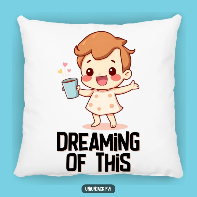 Comfort Funny Pillow: Happy Character Dance & Cuppa - Cozy Joyful Accent