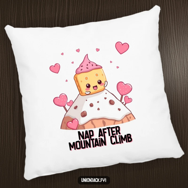 Funny biscuit pillow with a determined character comically climbing a teacake mountain, soft and humorous.