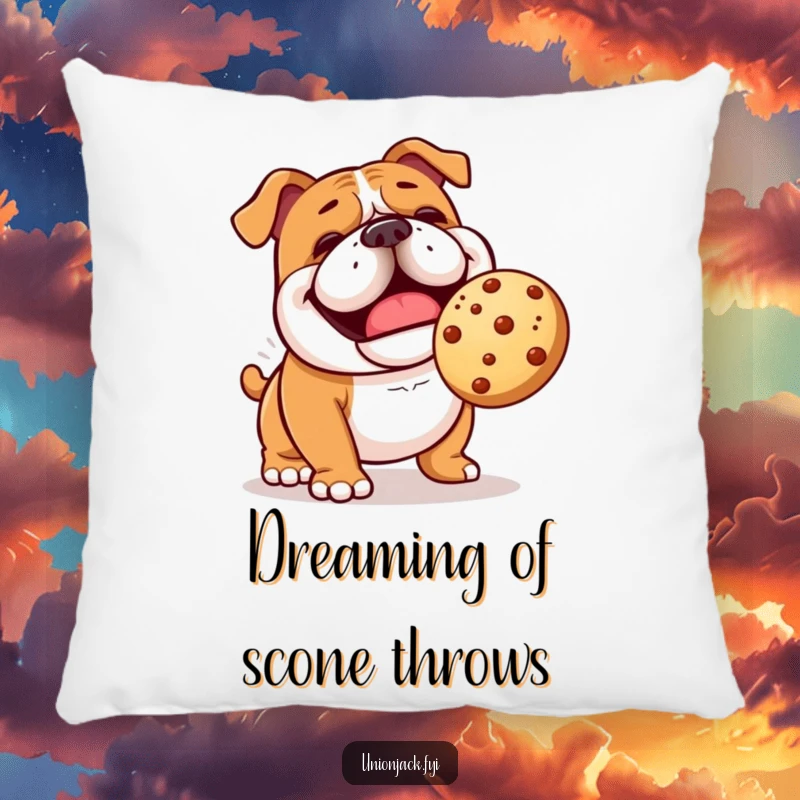 Funny bulldog pillow with a cheerful character comically playing fetch with a bouncing scone, soft and humorous.