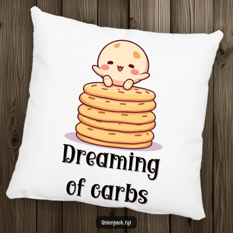 Funny pillow with a character in a precarious yet happy pose, balancing on a stack of crumpets. Soft and humorous home accent.