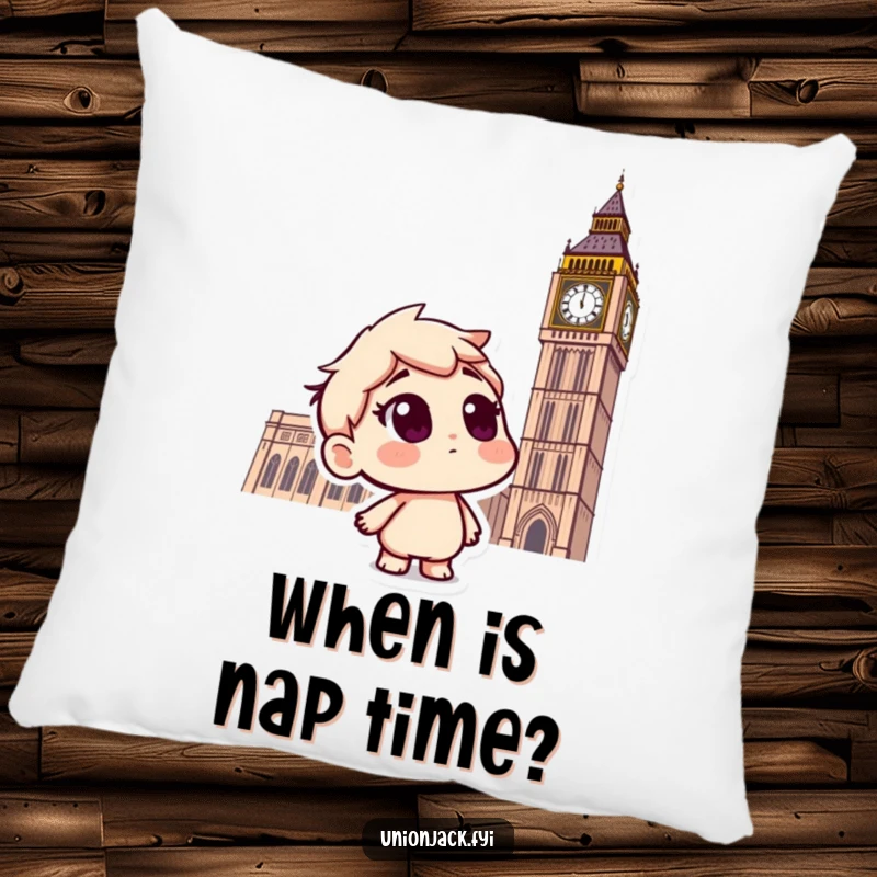 Funny pillow featuring a curious character questioning the famous Big Ben clock tower, adding London flair.