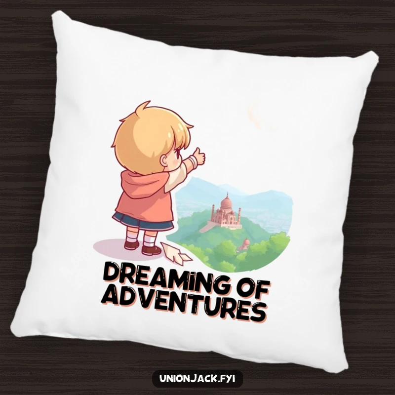 Funny pillow featuring a character pointing towards a distant goal, perfect for comfort and inspiring dreams.