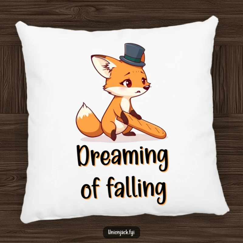 Funny pillow depicting a startled fox in a tiny top hat, comically tripping over a baguette, for cozy laughs.