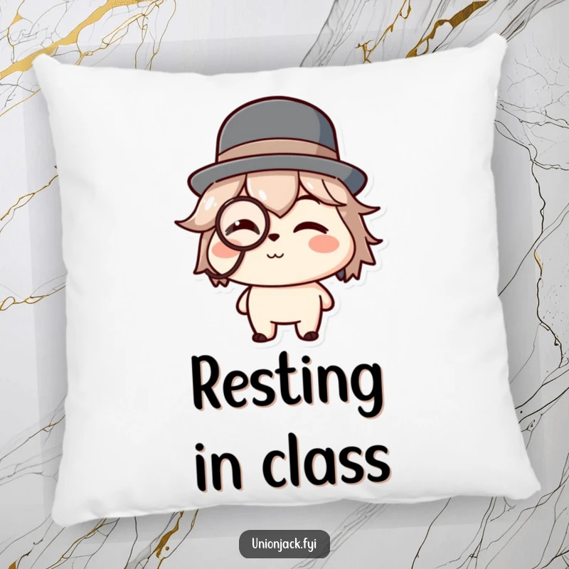 Funny pillow with a character in a bowler hat and monocle, giving a charming wink, adding a touch of class.