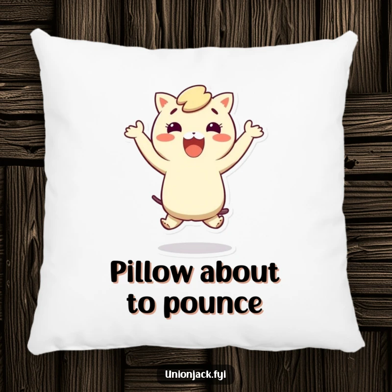 Funny pillow with a cute character in a funny, happy hop, designed for comfort and a smile.
