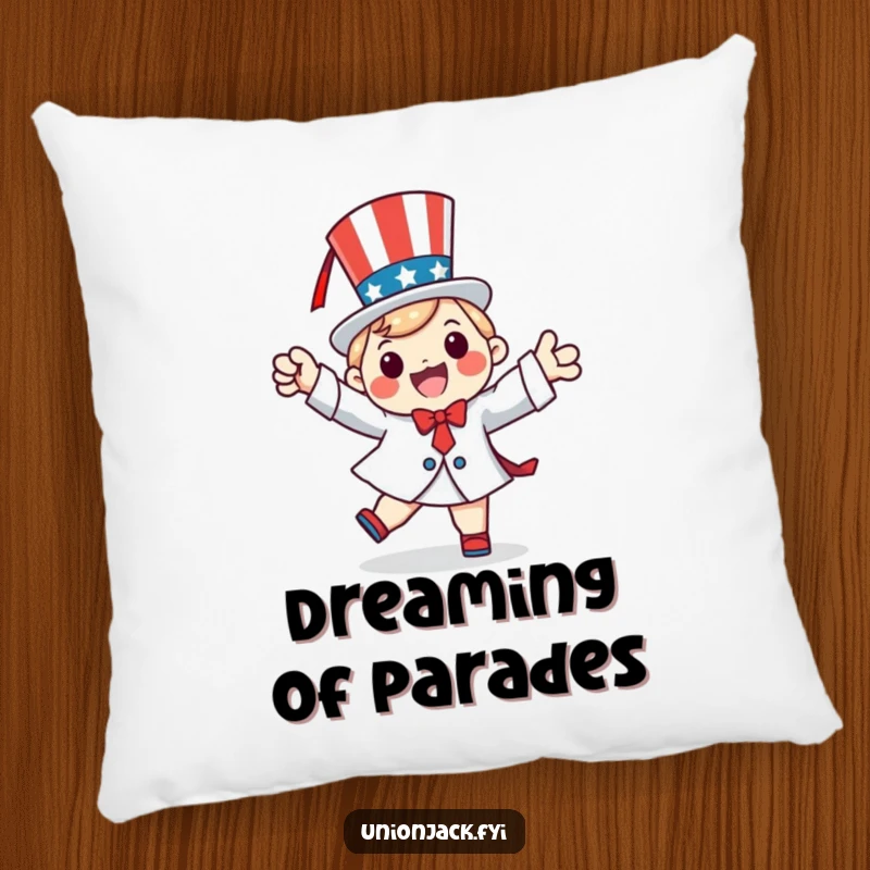 Funny pillow featuring a happy character doing a patriotic jig, perfect for cozy festive decor and national pride.
