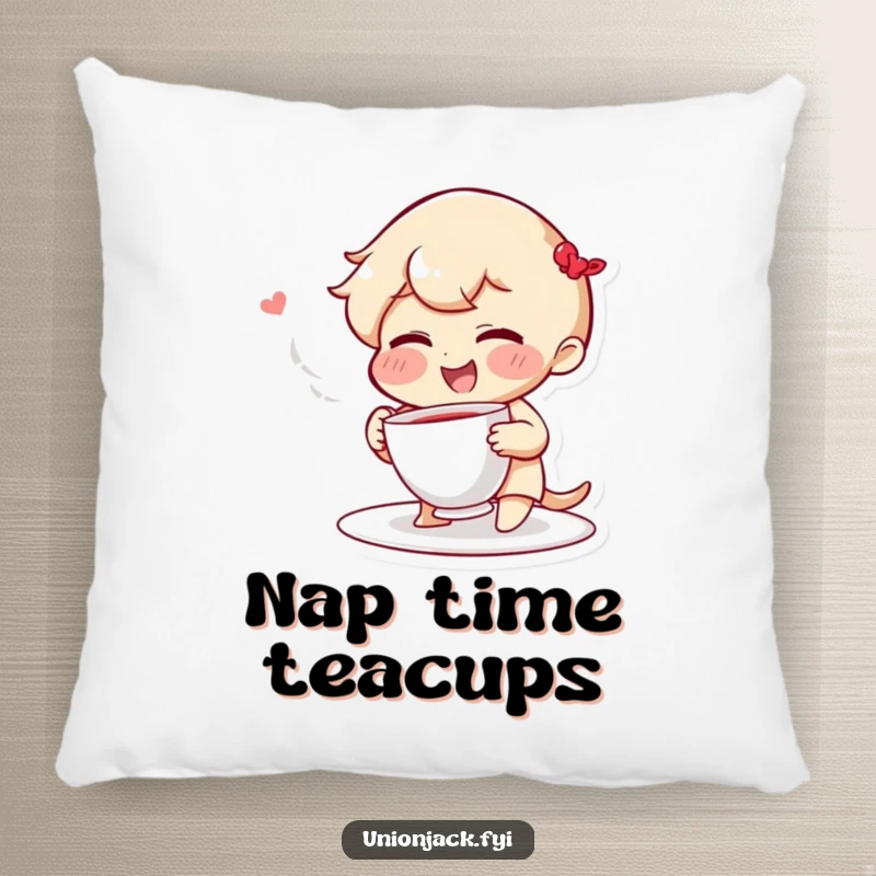 Funny pillow with a giggling character, rosy cheeks, playfully throwing a teacup, perfect for adding a touch of humorous comfort.