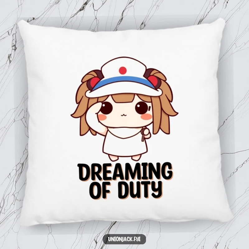 Funny pillow featuring a cute character saluting proudly with a tiny flag, offering patriotic comfort and decorative appeal.