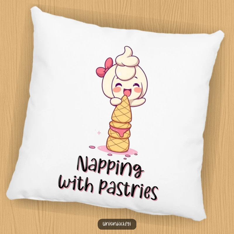 Funny Pillow: Character giggling while balancing a tower of scones, bringing cozy, humorous vibes with a baking theme to any room.