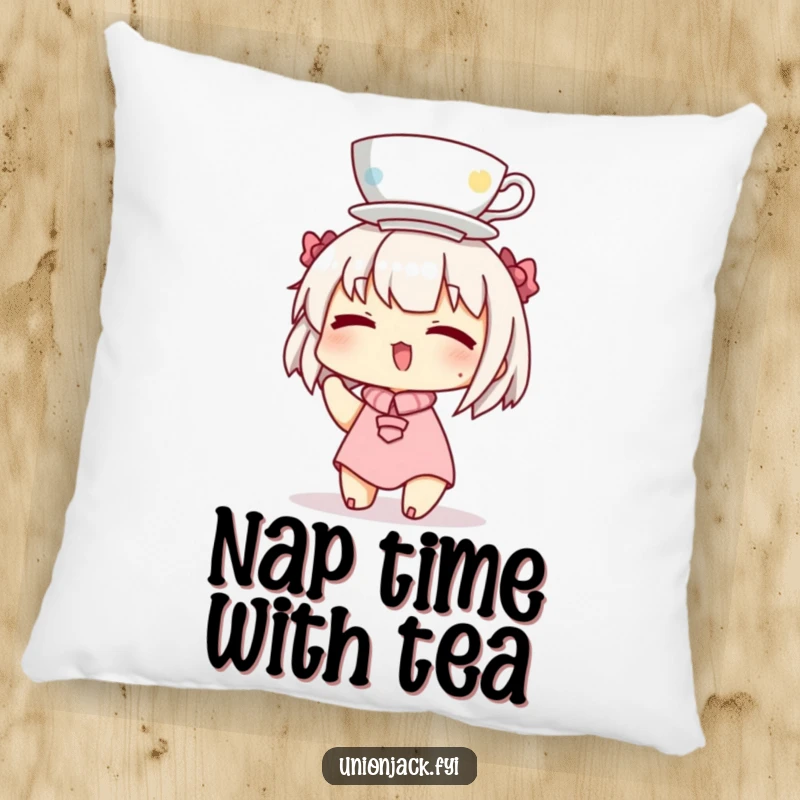 Funny pillow featuring a character with a wink, demonstrating the art of balancing a teacup on their head for a cozy laugh.