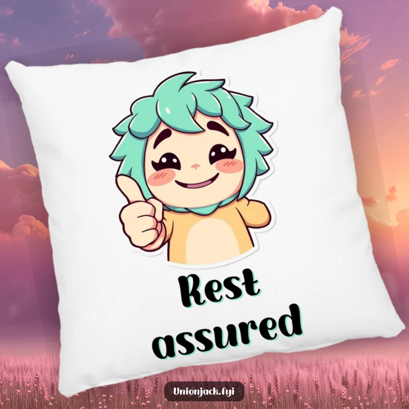 Funny pillow with a character giving an exaggerated thumbs up and a cheeky grin, a soft and humorous accent.