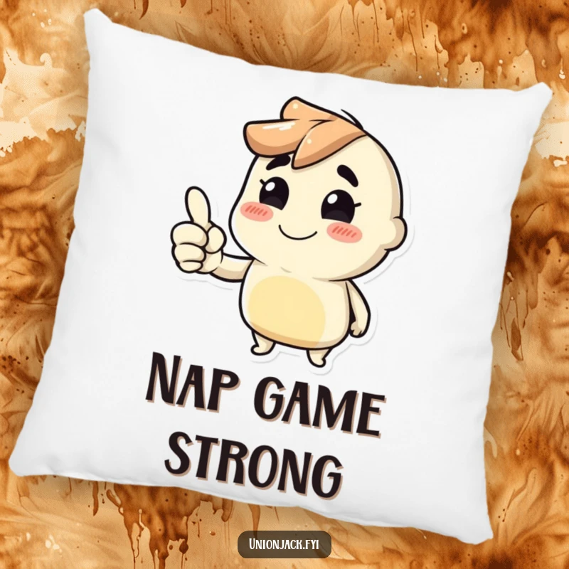 Funny pillow with a character giving a cheeky thumbs up, offering soft comfort and a humorous vibe.