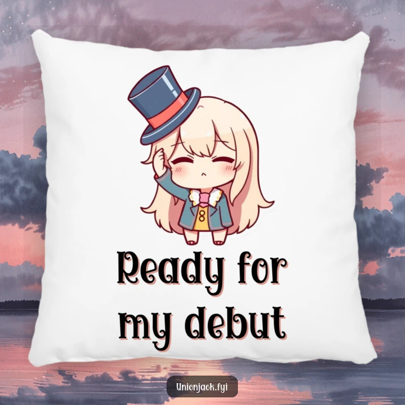 Funny pillow with a character comically adjusting a tiny top hat and winking, offering comfort and a touch of humorous sophistication.