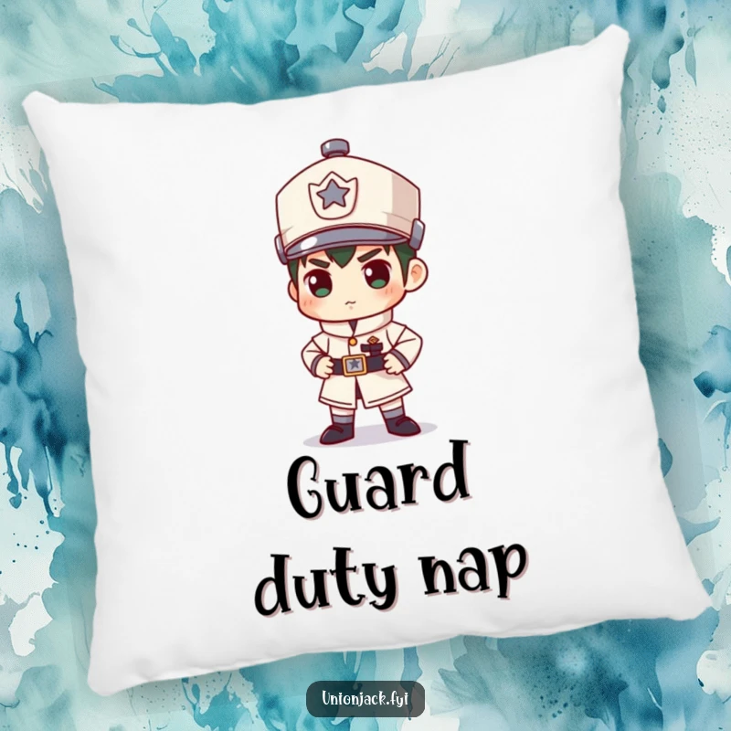 Funny pillow design showcasing a character in a rigidly stiff and amusing guard stance, adding a humorous touch to home decor.