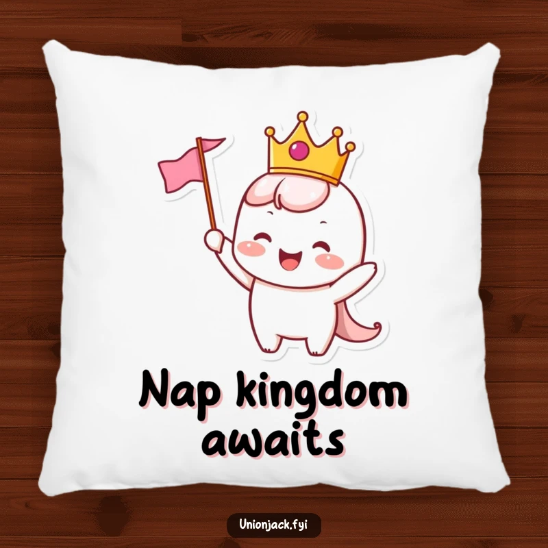 Funny Pillow: A cheerful character wearing a crown joyfully waves a flag, bringing cozy royalty and fun.