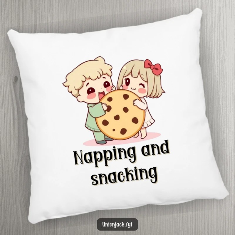 Funny pillow showcases characters sharing a giant cookie, bringing humorous friendship vibes and cozy comfort to any setting.