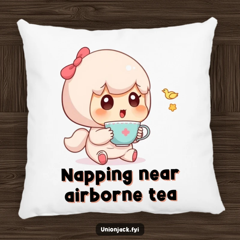 Funny pillow depicting a cute character looking surprised by a tiny, flying teacup, offering comfort and humor.