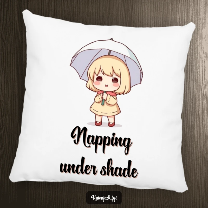 Funny pillow showing a cute character happily holding a small umbrella open, even without rain, offering comfort.