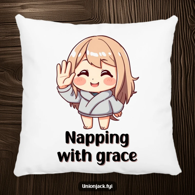 Funny decorative pillow featuring a character in an exaggerated, polite salute with a friendly smile. Offers comfort and a touch of humorous charm to any room.