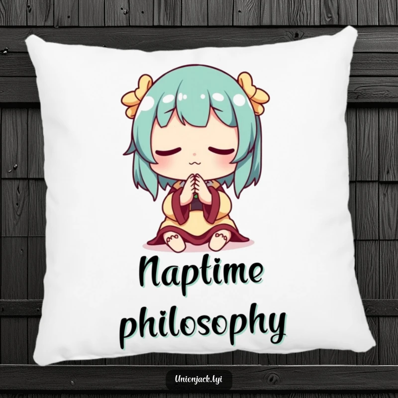 Funny pillow with a character deep in thought, hands clasped, offering comfort and a touch of wisdom.